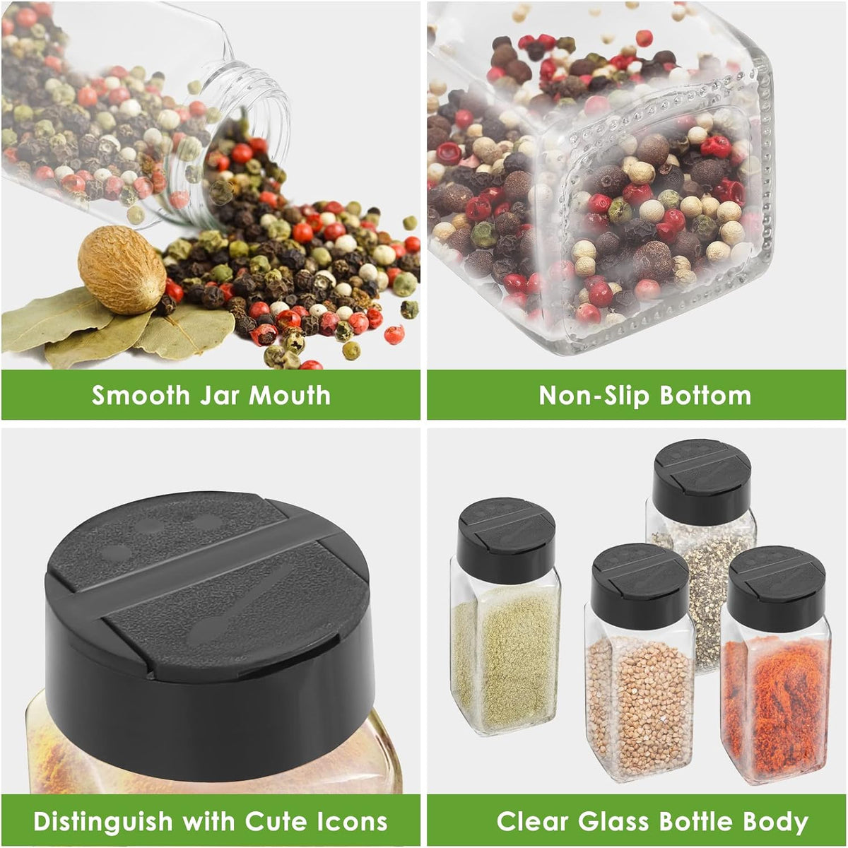 Saiveina 12 Pack Glass Spice Jars with Labels, 4oz Spices Containers Spice Jars with Black Shaker Lids, Empty Containers for Spice, Silicone Funnel and Pen Included