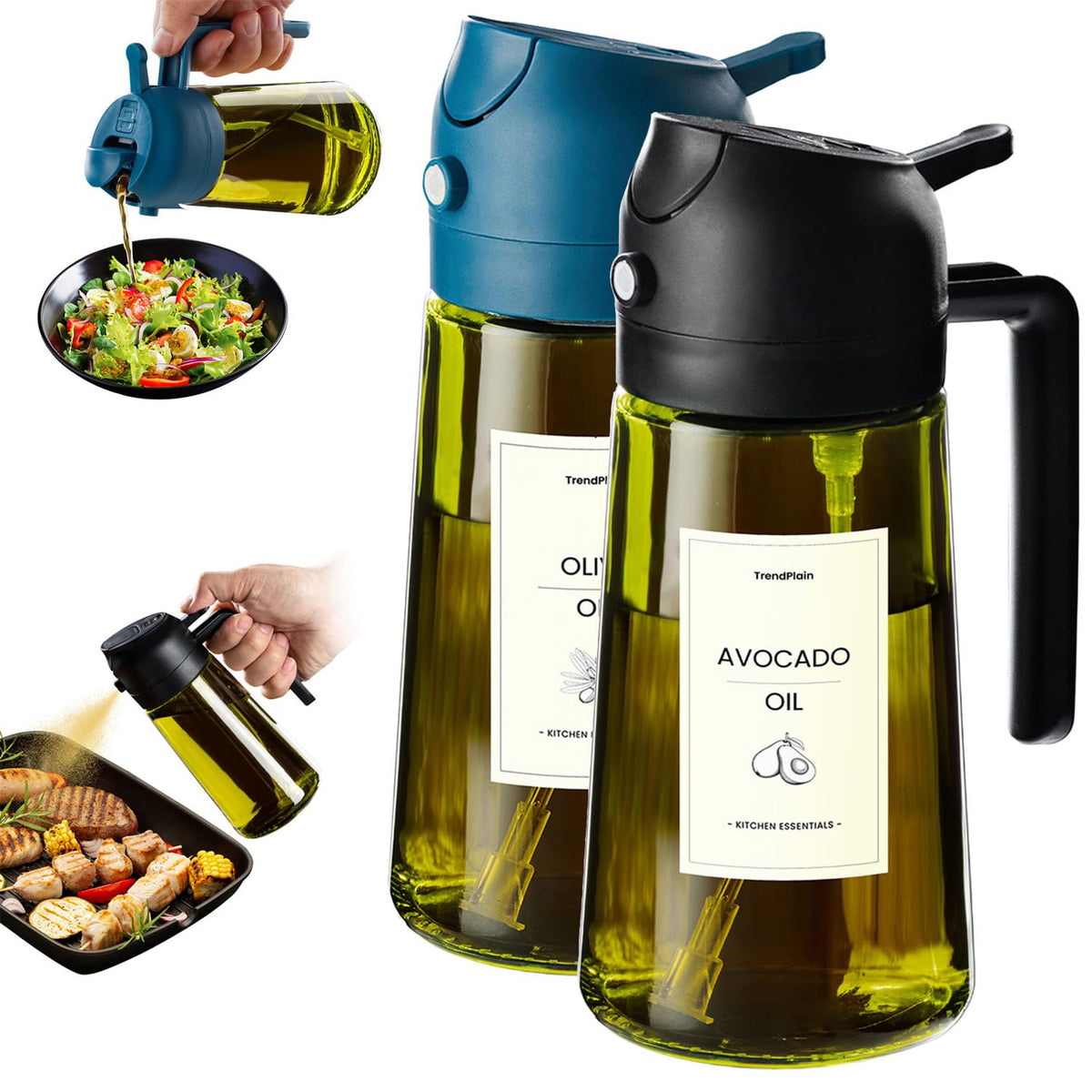 TrendPlain - Original 16oz/470ml Olive Oil Dispenser Bottle for Kitchen Gadgets and Air Fryer Accessories - Olive Oil Sprayer for Cooking w/Stickers - Black