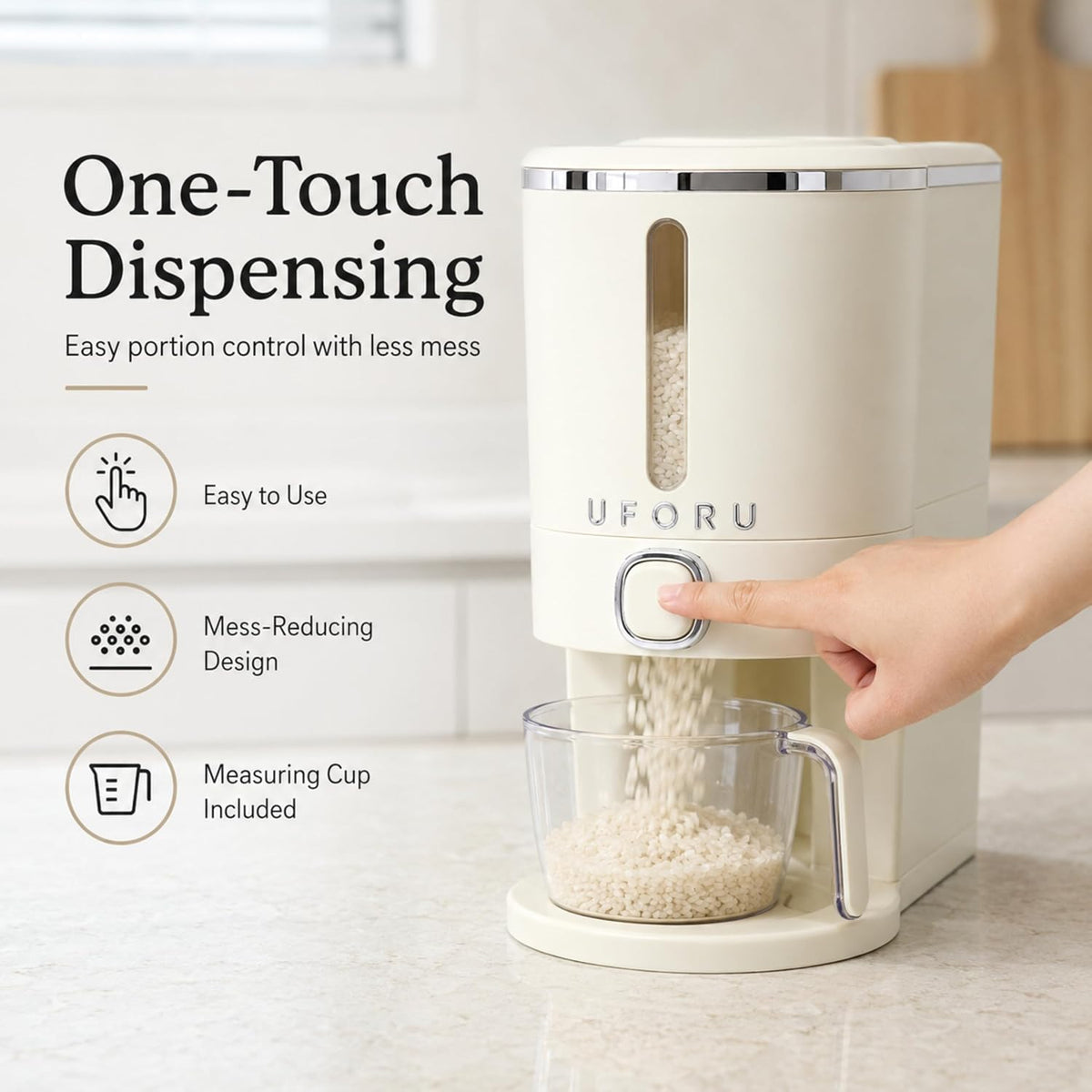 ROOM127 Slim Rice Dispenser with Measuring Cup - 11-15 lb, Cream White