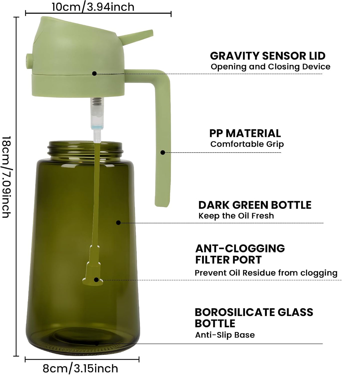 Oil Dispenser Glass Bottle, 16oz/470ml, 2-in-1 Oil Sprayer and Pourer, Clear Glass with Light-Blocking Dark Exterior Coating, for Cooking, Air Fryer, Salad, BBQ (Black)
