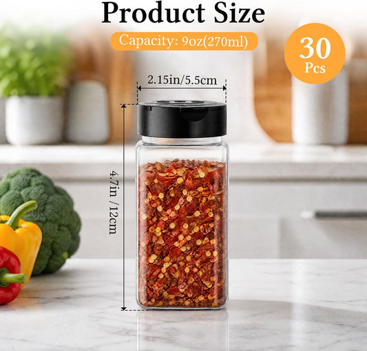 9oz Square Plastic Spice Jars with Shaker Lids, 30 Pack Food Grade PET Spice Containers, Reusable Empty Spice Bottles for Kitchen Seasoning Storage
