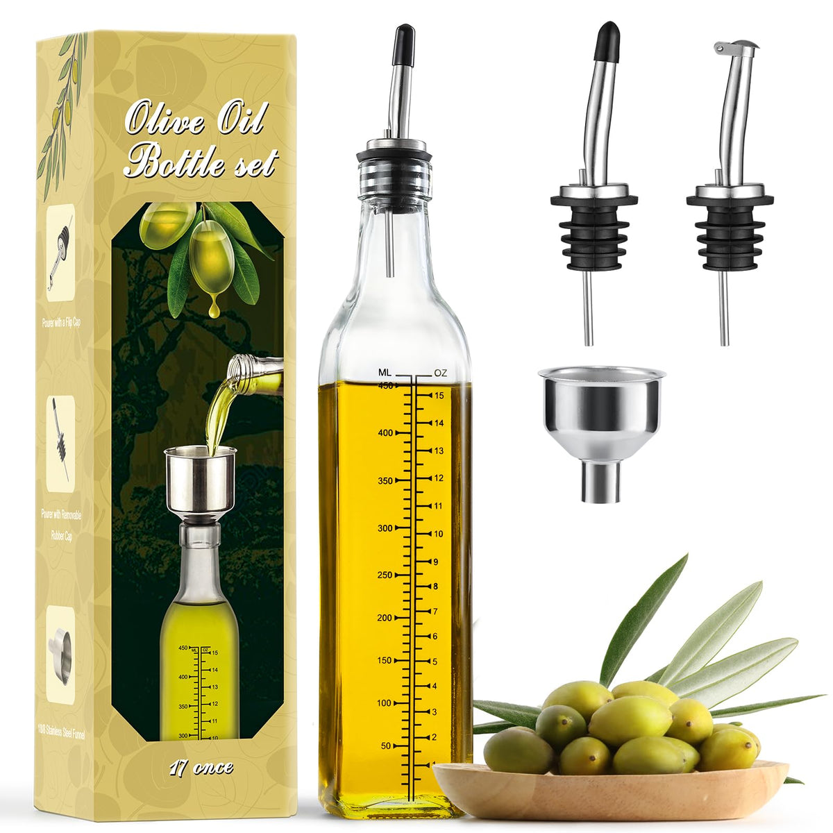 AOZITA 17oz Clear Glass Olive Oil Dispenser Bottle - 500ml Oil & Vinegar Cruet with Pourers and Funnel - Olive Oil Carafe Decanter for Kitchen