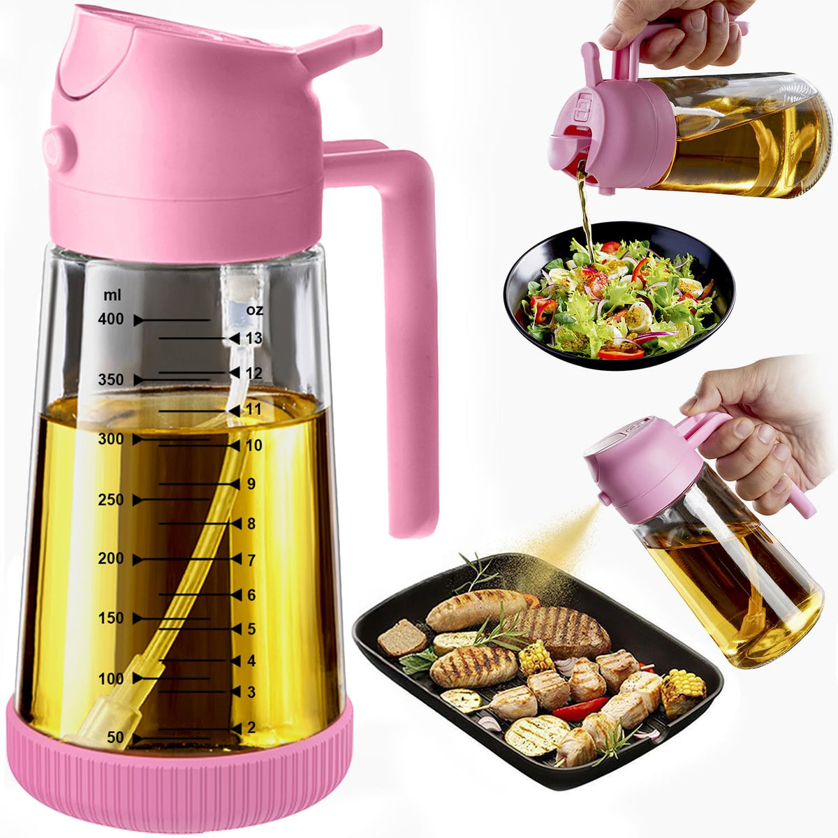 TrendPlain 16oz/470ml Glass Olive Oil Sprayer for Cooking – 2 in 1 Olive Oil Dispenser Bottle for Kitchen Gadgets and Air Fryer Accessories, Salad, BBQ - Black & Green