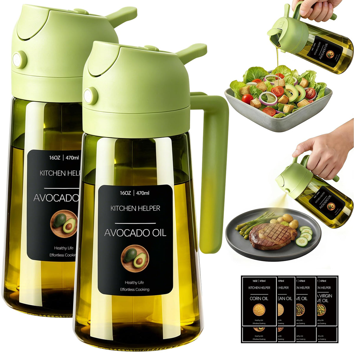 Poshetion 2 in 1 Olive Oil Sprayer for Cooking, 16oz Light-Proof Oil Dispenser for Kitchen, Leak-Proof Oil Spray Bottle for Air Fryer, Salad, BBQ, Baking, Grilling - Black & Black