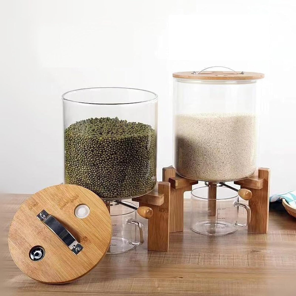 Rice Dispenser 5L, Grain Dispenser Glass Bucket, Cereal Dispenser Countertop for Kitchen and Pantry Organization, Large Rice Storge Container for Dry Food
