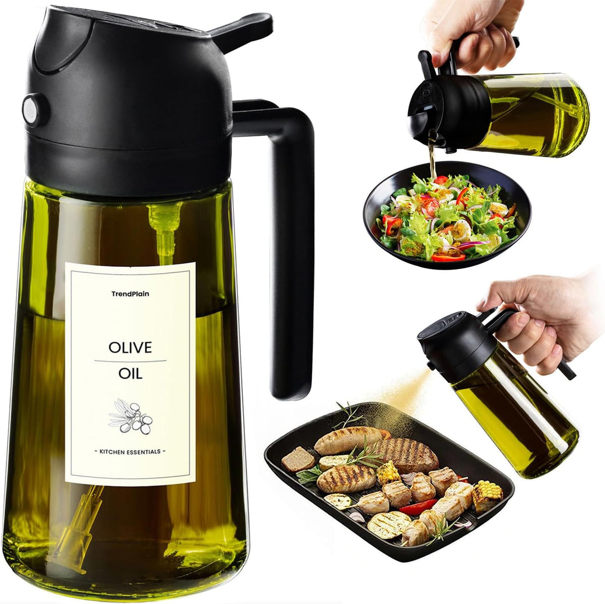 TrendPlain - Original 16oz/470ml Olive Oil Dispenser Bottle for Kitchen Gadgets and Air Fryer Accessories - Olive Oil Sprayer for Cooking w/Stickers - Black