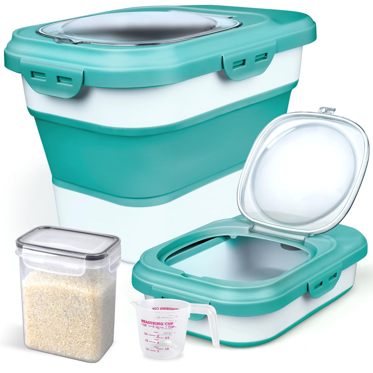 Komzon Rice Storage Container, Collapsible Airtight Food Storage Containers 6-20 Lbs, Rice Dispenser with Measuring Cup and Small Bin for Flour Cereal Pasta Grain, Cat Pet Dog Bird Food Container