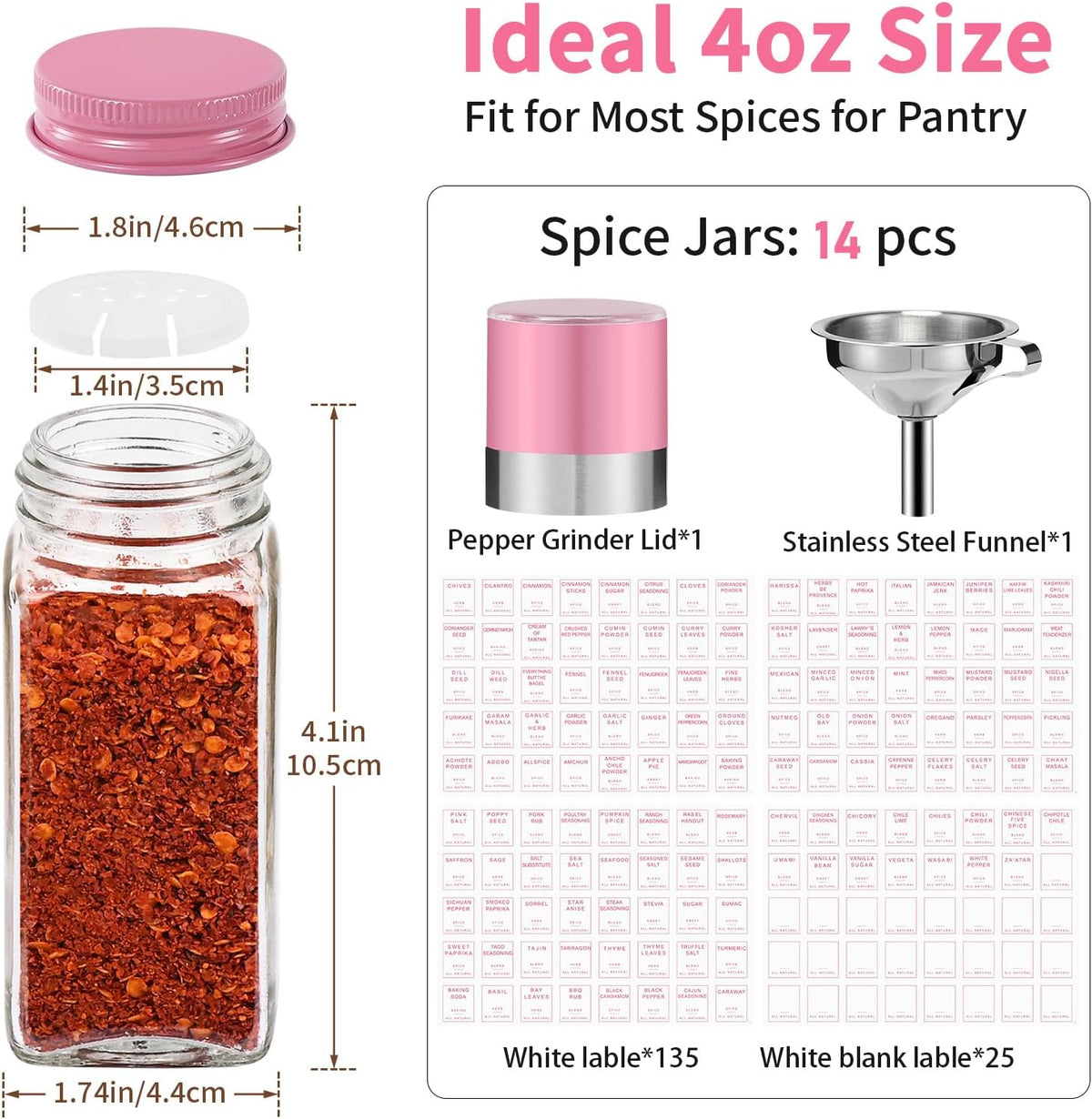 14pcs Glass Spice Jars with Labels, 4oz Seasoning Containers with Metal Lid