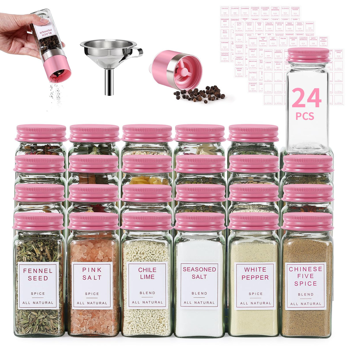 14pcs Glass Spice Jars with Labels, 4oz Seasoning Containers with Metal Lid
