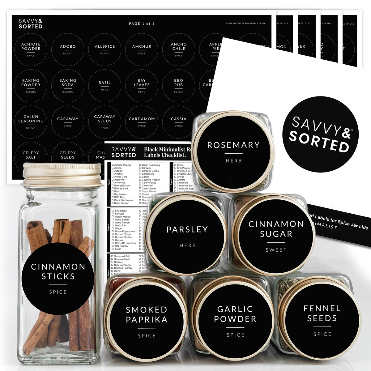 Spice Labels for Glass Jars, 202 Round Preprinted Waterproof Kitchen Spice Labels Stickers, Seasoning Organization Black Pantry Herbs Label for Top Lid, Chalkboard Labels for Spice Jars