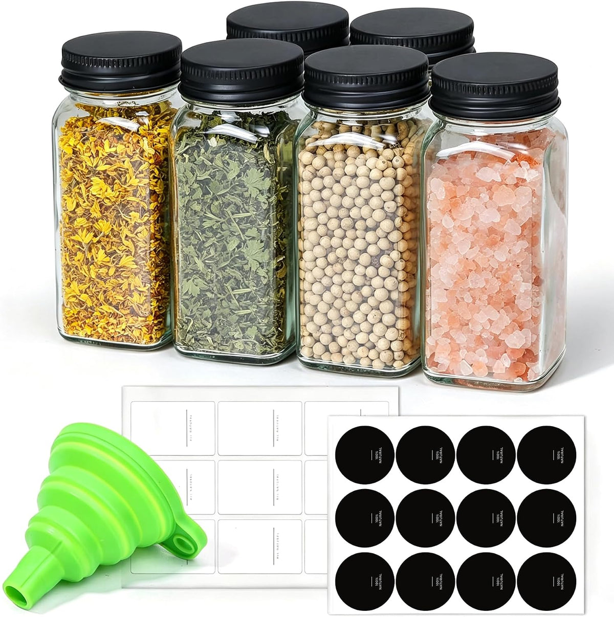 ComSaf Glass Spice Jars with Labels 4 oz 6 Pack Small Square