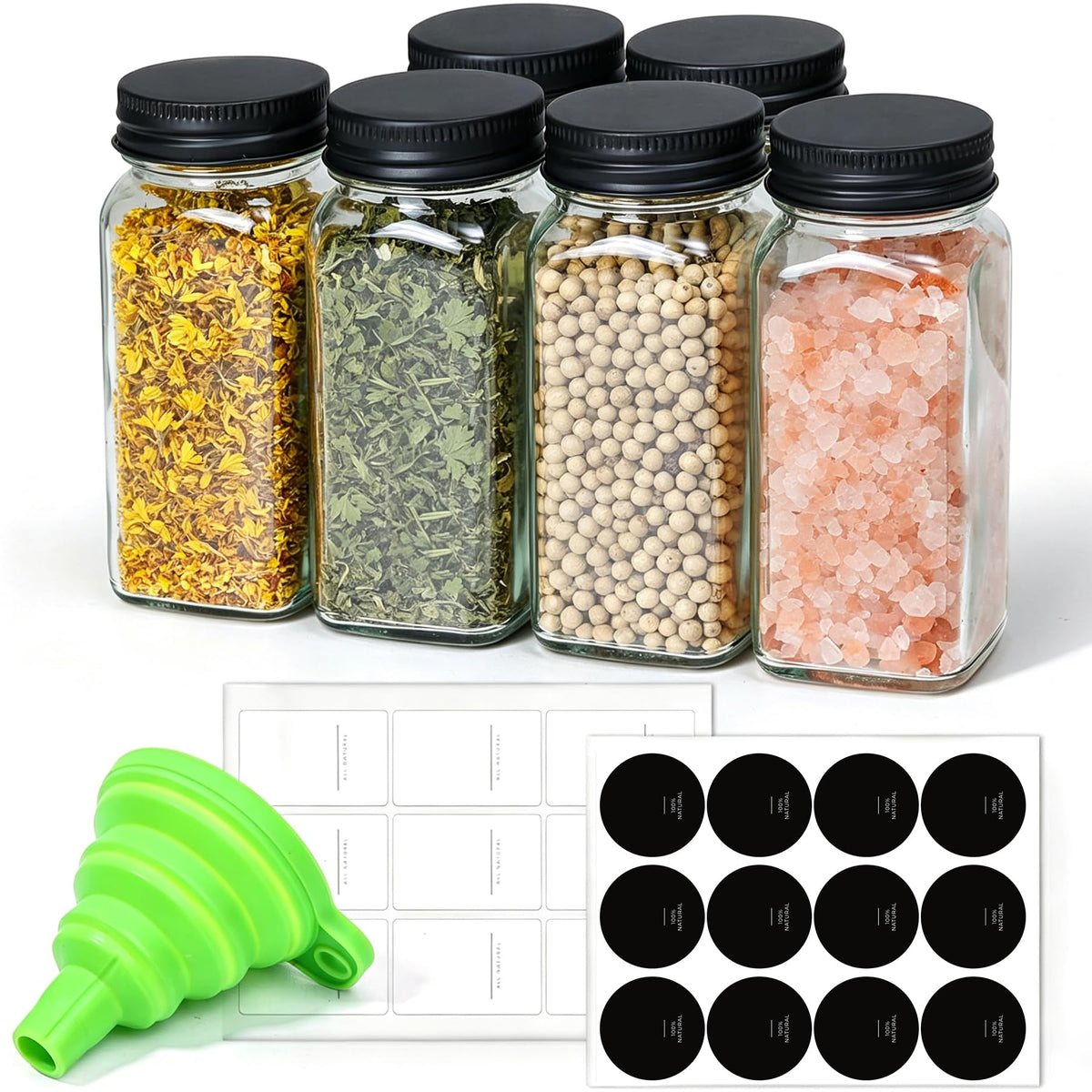 ComSaf Glass Spice Jars with Shaker Lids 8 oz 6 Pack Square