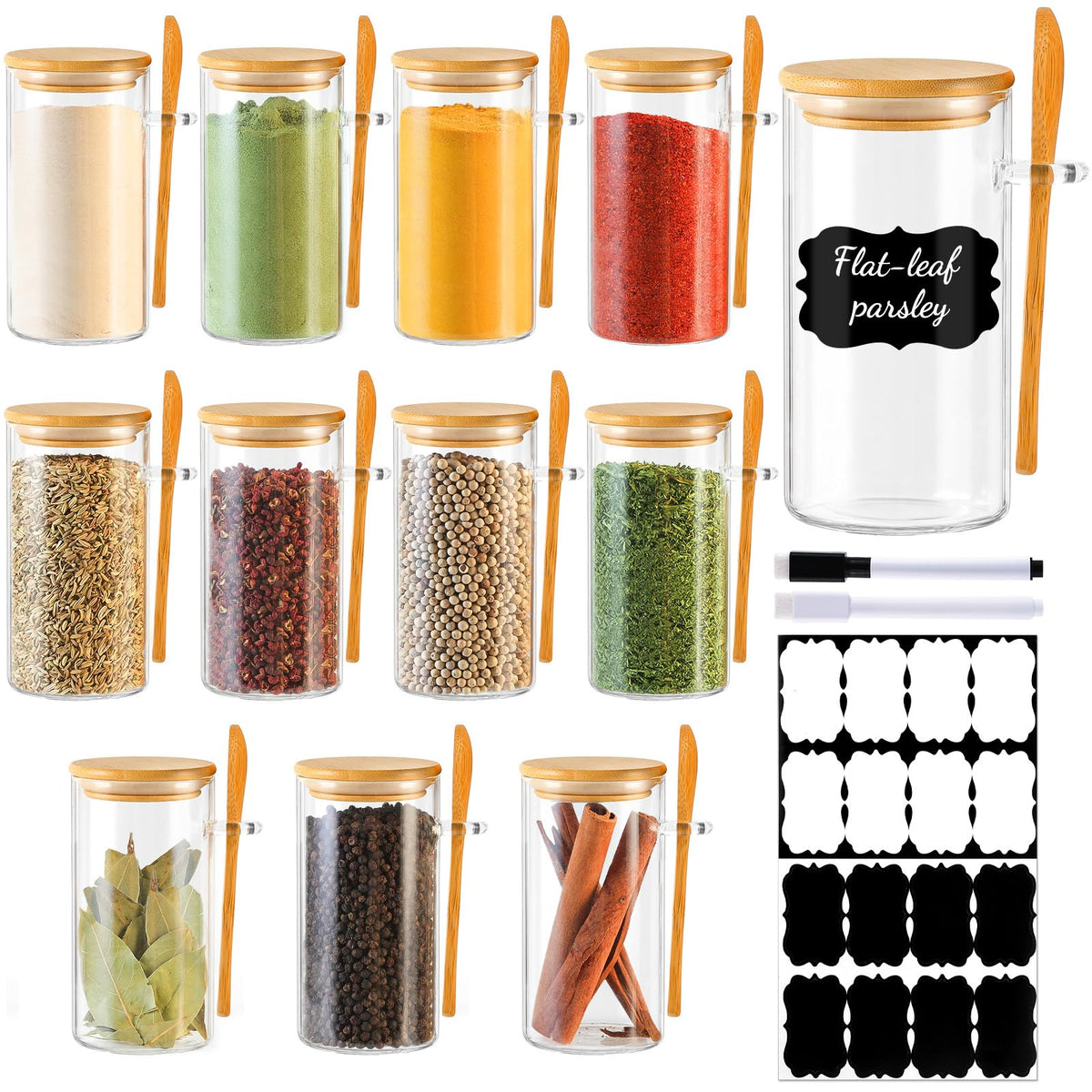 TBWIND 12 Pack 8 oz Square Glass Spice Jars with Lids and Labels – Airtight Small Spice Containers Set, Clear Glass Storage Jars for Seasoning, Spices, Kitchen Pantry Organization