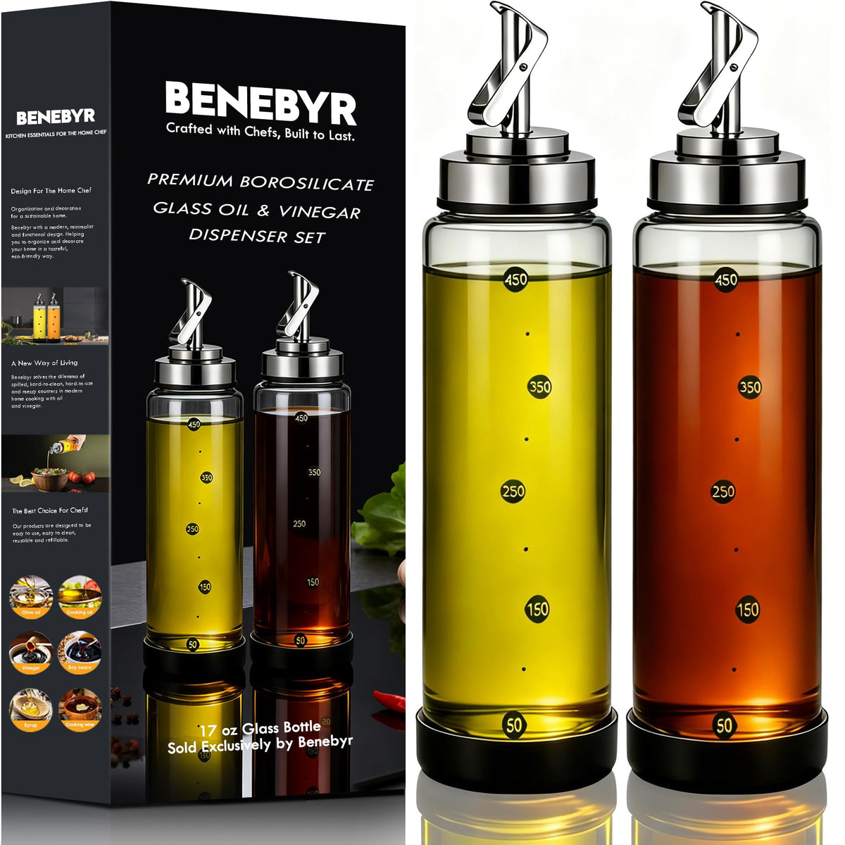 Glass Olive Oil Dispenser Bottle for Kitchen 17 oz Leakproof & Shatterproof