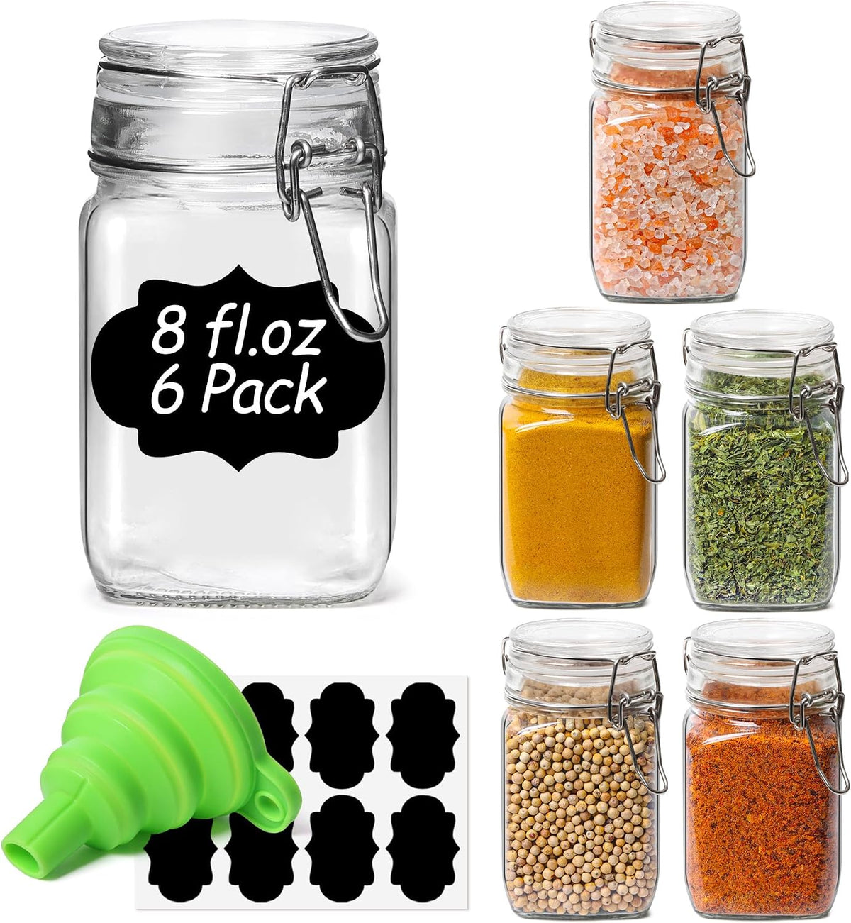 ComSaf Square Small 8 oz Glass Spice Jars with Airtight Lids 6 Pack Pantry