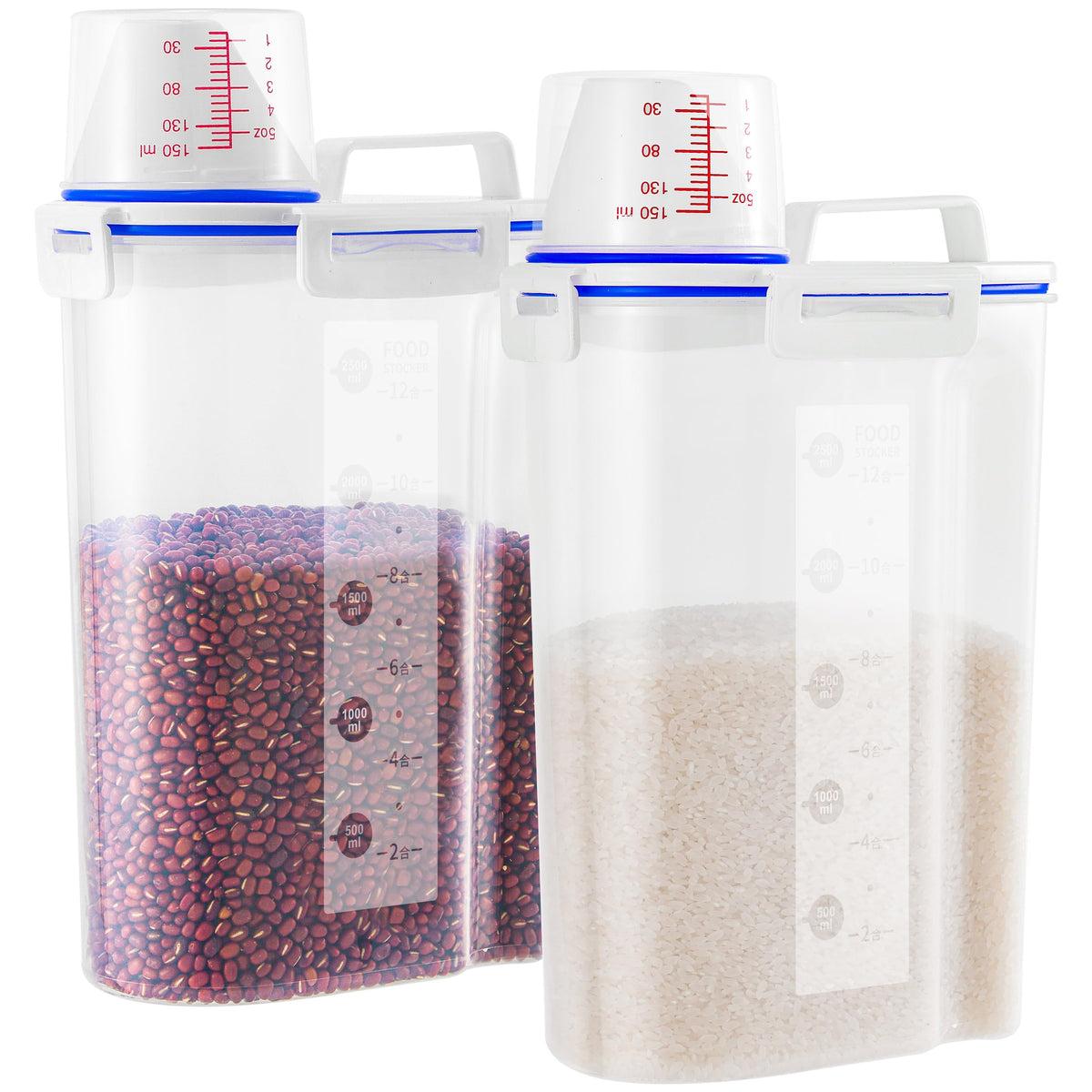 2 Pcs 5.5Lbs Rice Storage Container, Rice Container with Measuring Cup & Pour Spout, Kitchen Plastic Airtight Container for Cereal, Grain, Flour, Sugar, Oatmeal, Dry Pet Dog Food