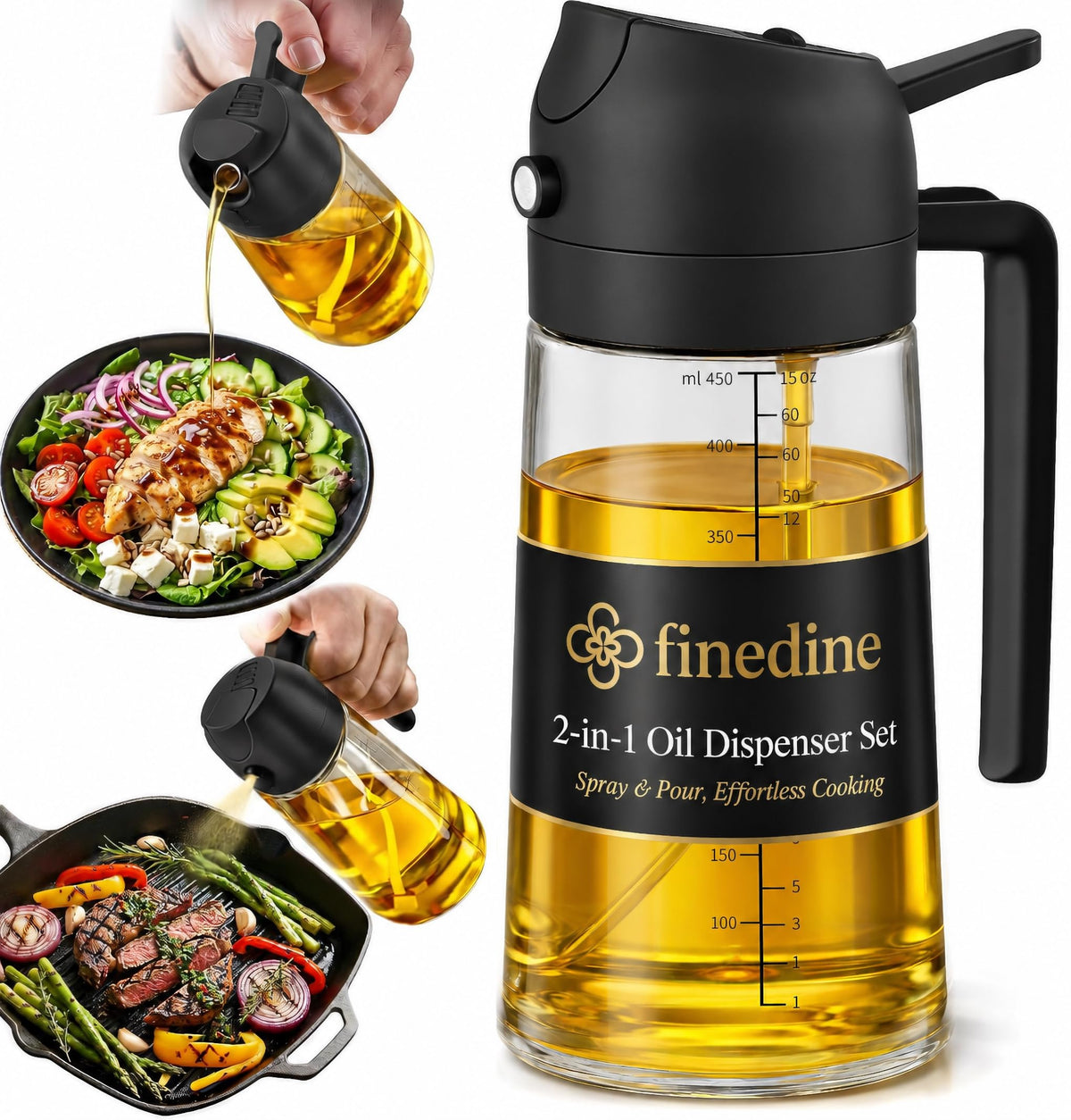 FineDine 16 oz Glass Olive Oil Sprayer for Cooking, Oil Dispenser, Black