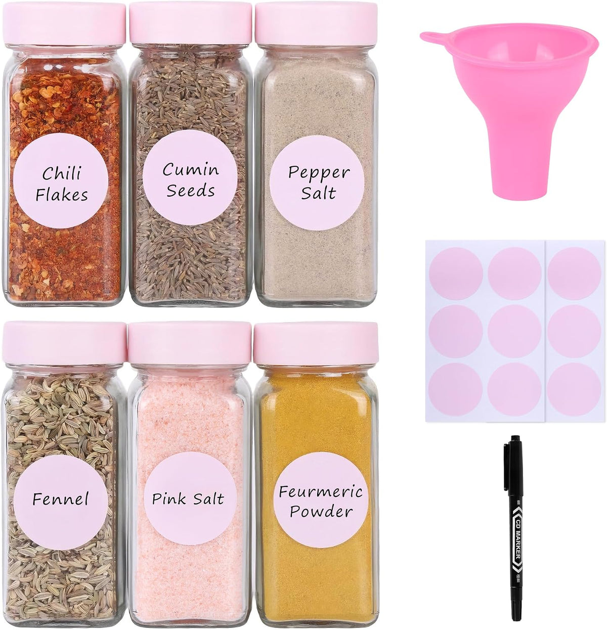6 Pack Glass Spice Jars with Label, 4oz Pink Airtight Seasoning Containers
