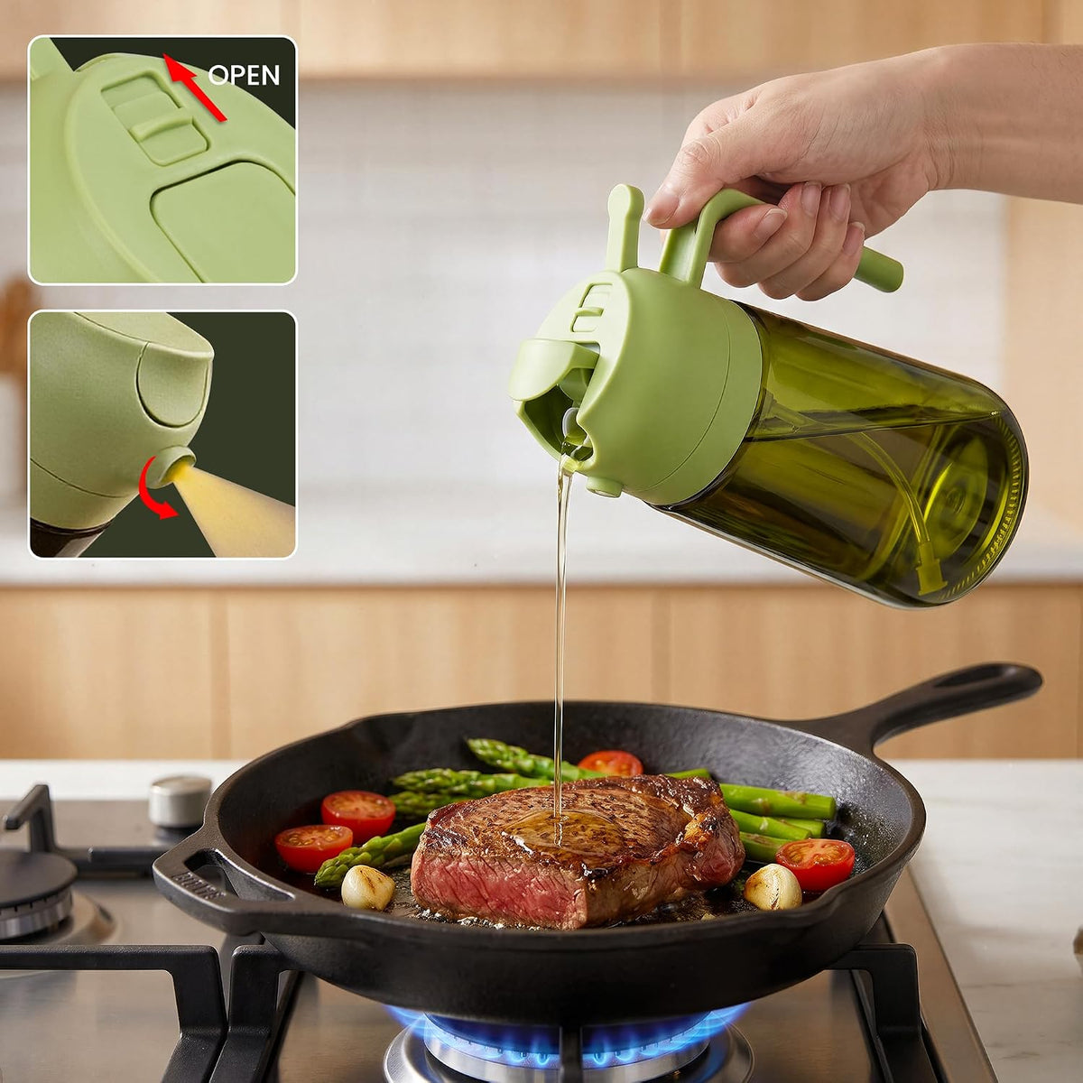 Oil Dispenser Glass Bottle, 16oz/470ml, 2-in-1 Oil Sprayer and Pourer, Clear Glass with Light-Blocking Dark Exterior Coating, for Cooking, Air Fryer, Salad, BBQ (Black)