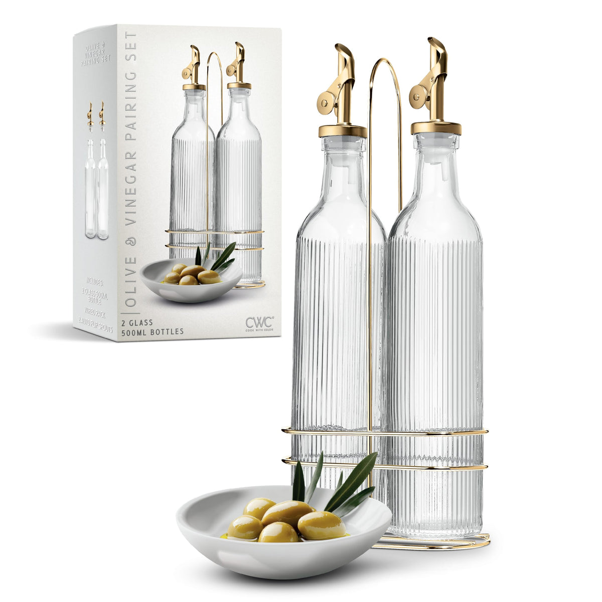 COOK WITH COLOR Glass Olive Oil Bottle Dispenser - 2 Pack- 17oz Oil and Vinegar Cruet - Olive Oil Carafe Decanter for Kitchen, Fluted, Brown