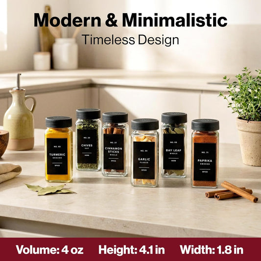 EDELHAUS Glass Spice Jars with Labels, 24x Matte Black Lids - 4oz Set
