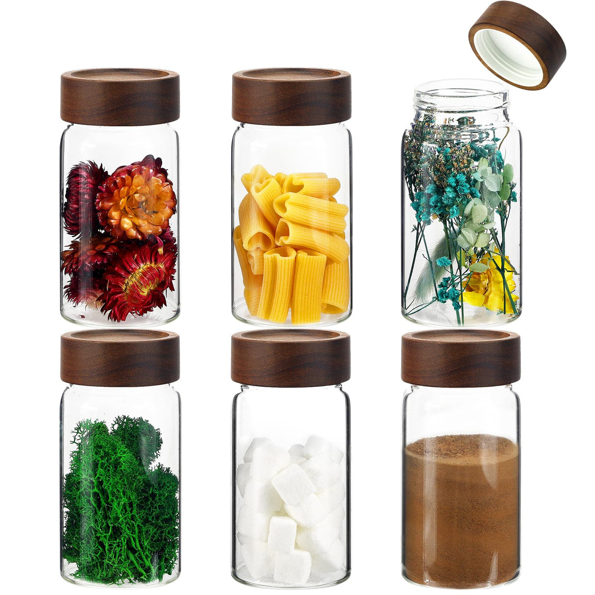 6 pc Glass Spice jars Glass Jars with Screw Lid 5 oz Acacia Wood Glass Herb Sugar Coffee Bean Ground Container Food Storage Canister for Candy Pantry Tea Seasoning Meal Prep Snack (6*150ml(5oz))