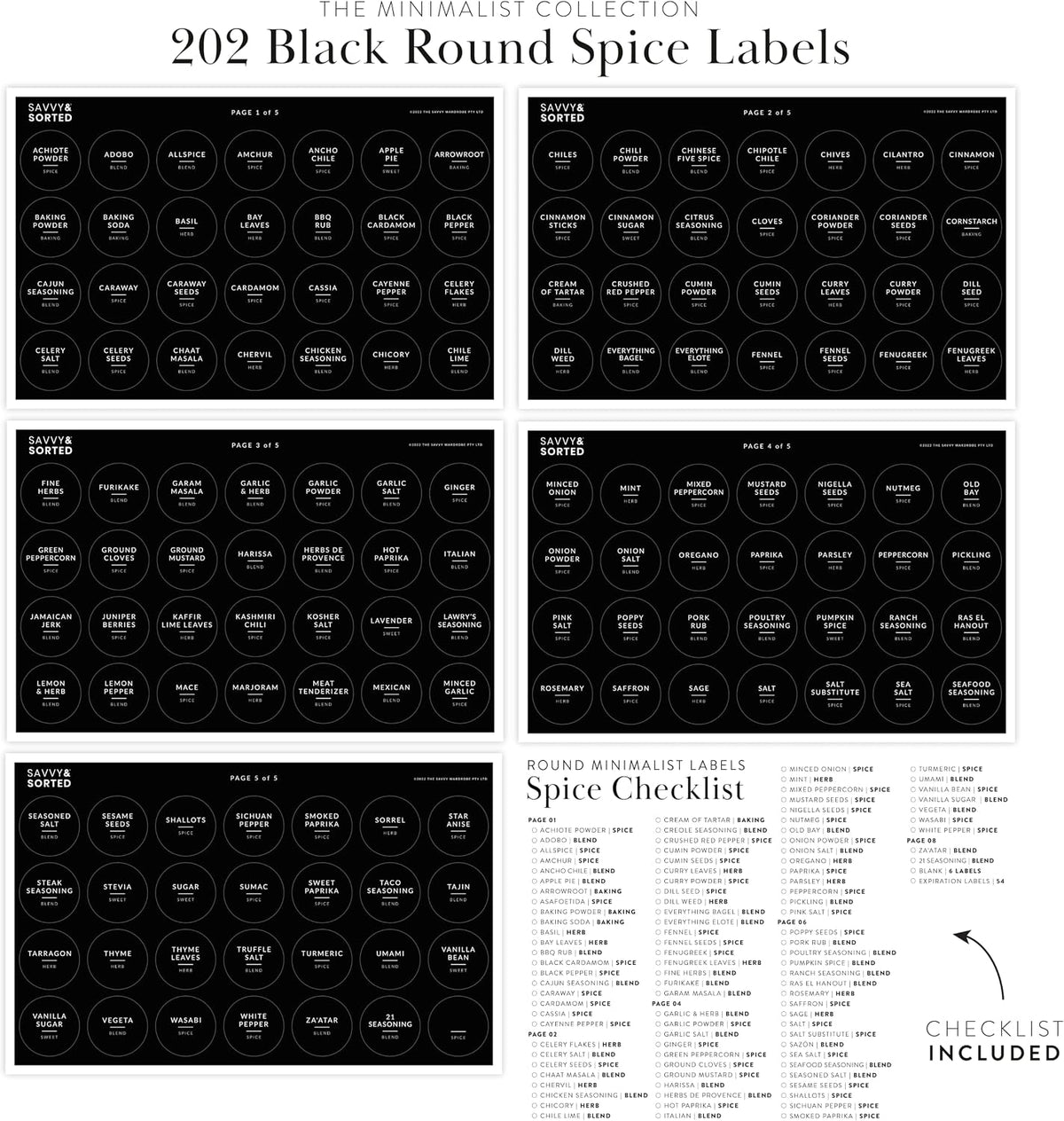 Spice Labels for Glass Jars, 202 Round Preprinted Waterproof Kitchen Spice Labels Stickers, Seasoning Organization Black Pantry Herbs Label for Top Lid, Chalkboard Labels for Spice Jars