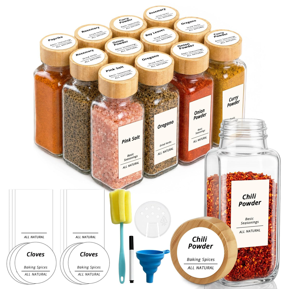 SHOWIN Spice Jars with Label, 4oz Spice Containers with Bamboo Lids 12pcs, Glass Spice Jars with Lids, Square Seasoning Containers for Rack, Cabinet, Drawer, Home Kitchen Seasoning Organizer