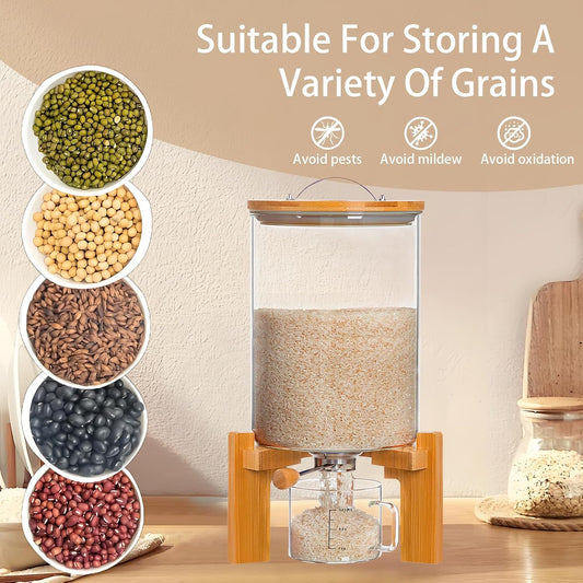 Rice Dispenser, Rice Storage Container, Flour and Cereal Container for Kitchen Organization and Pantry Store, Glass Cereal dispenser with Airtight Lid and Wooden Stand 8L