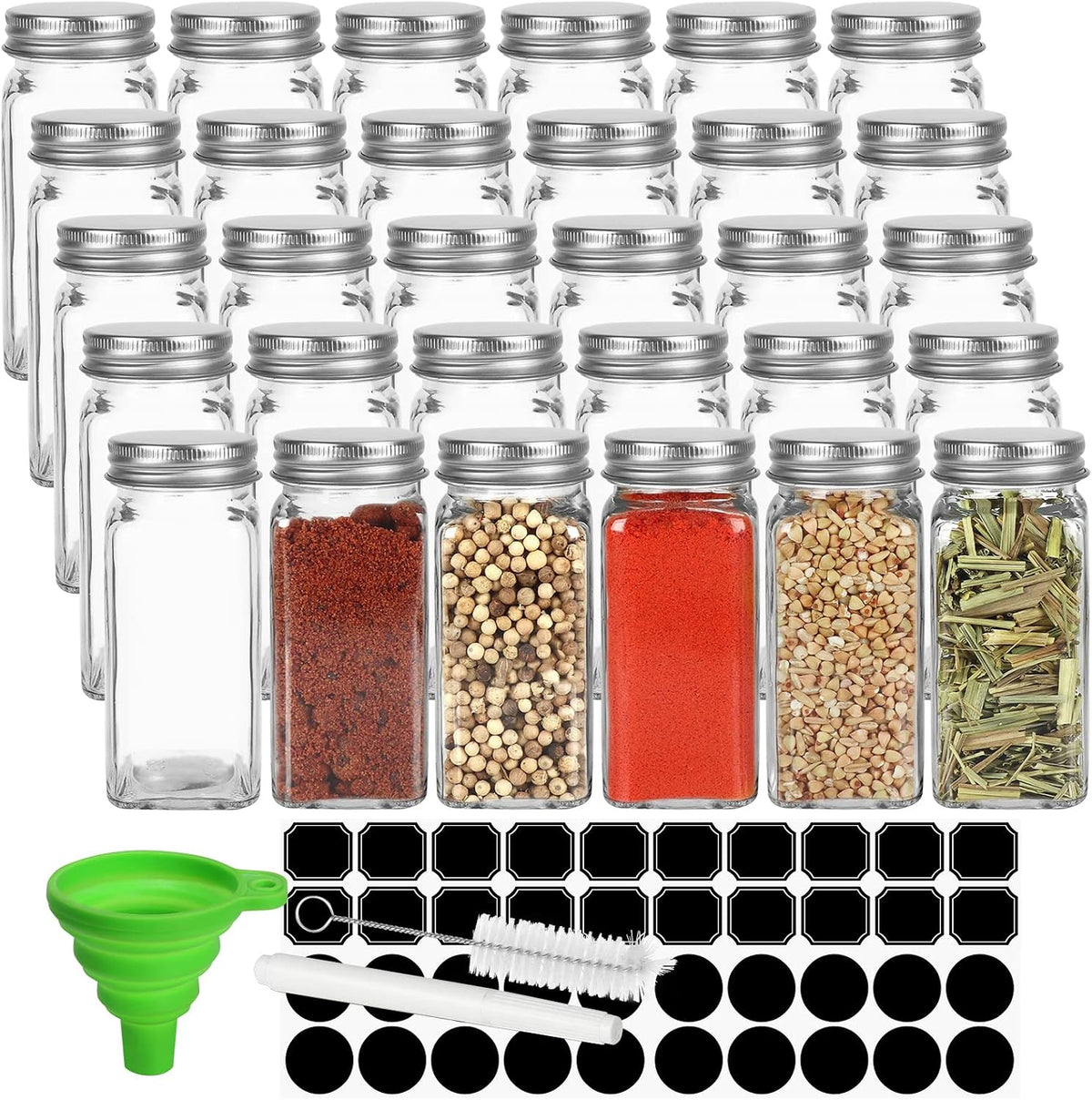 30 Pack Glass Spice Jars 4 oz with Labels,Empty Square Spice bottles