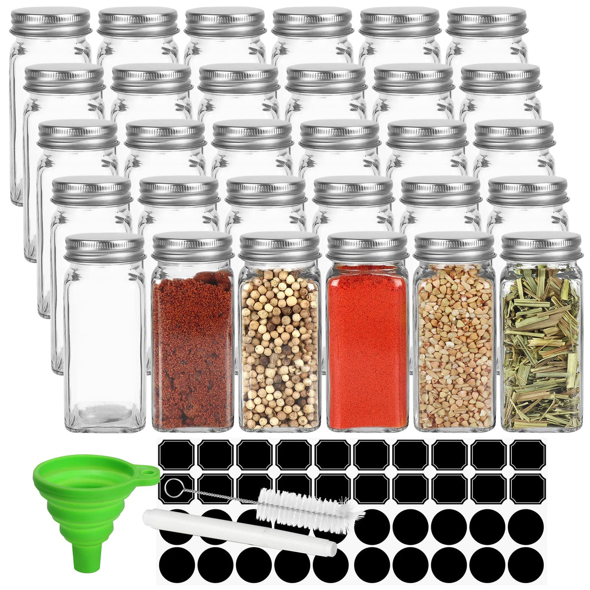 30 Pack Glass Spice Jars 4 oz with Labels,Empty Square Spice bottles
