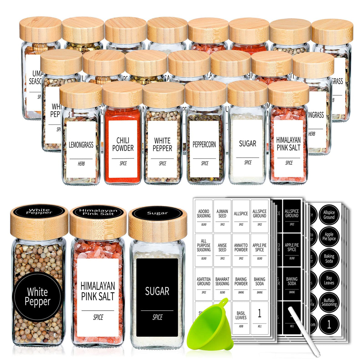 Churboro 24-Pack Empty Glass Spice Jars with Labels, 4 oz, Bamboo Lids