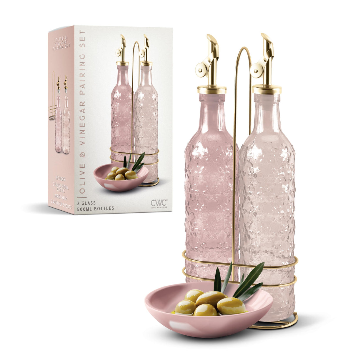 COOK WITH COLOR Glass Olive Oil Bottle Dispenser - 2 Pack- 17oz Oil and Vinegar Cruet - Olive Oil Carafe Decanter for Kitchen, Fluted, Brown