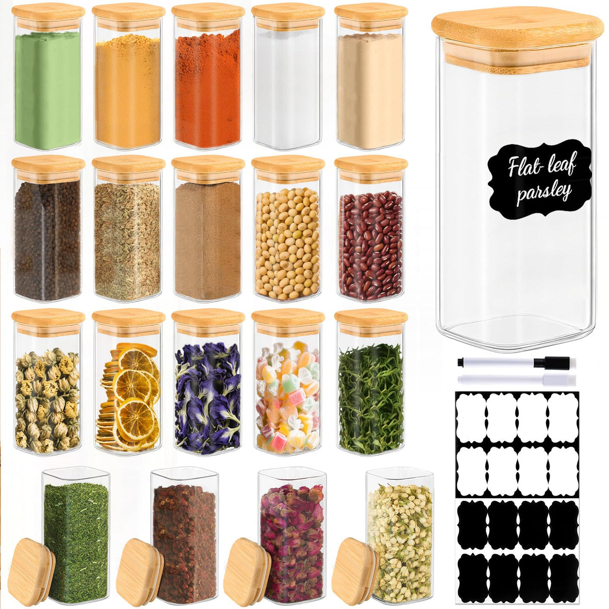 TBWIND 12 Pack 8 oz Square Glass Spice Jars with Lids and Labels – Airtight Small Spice Containers Set, Clear Glass Storage Jars for Seasoning, Spices, Kitchen Pantry Organization