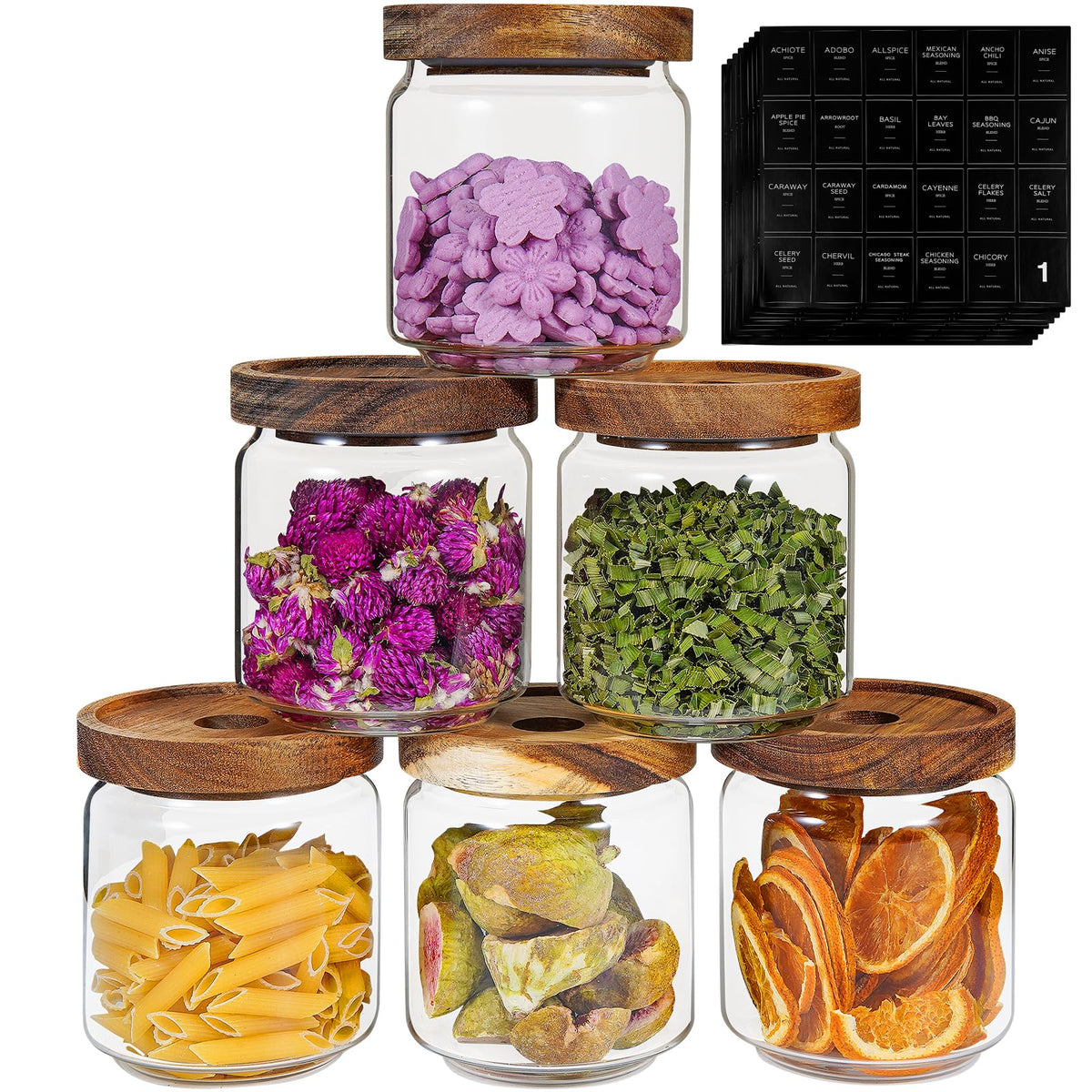 6 pc Glass Spice jars Glass Jars with Screw Lid 5 oz Acacia Wood Glass Herb Sugar Coffee Bean Ground Container Food Storage Canister for Candy Pantry Tea Seasoning Meal Prep Snack (6*150ml(5oz))