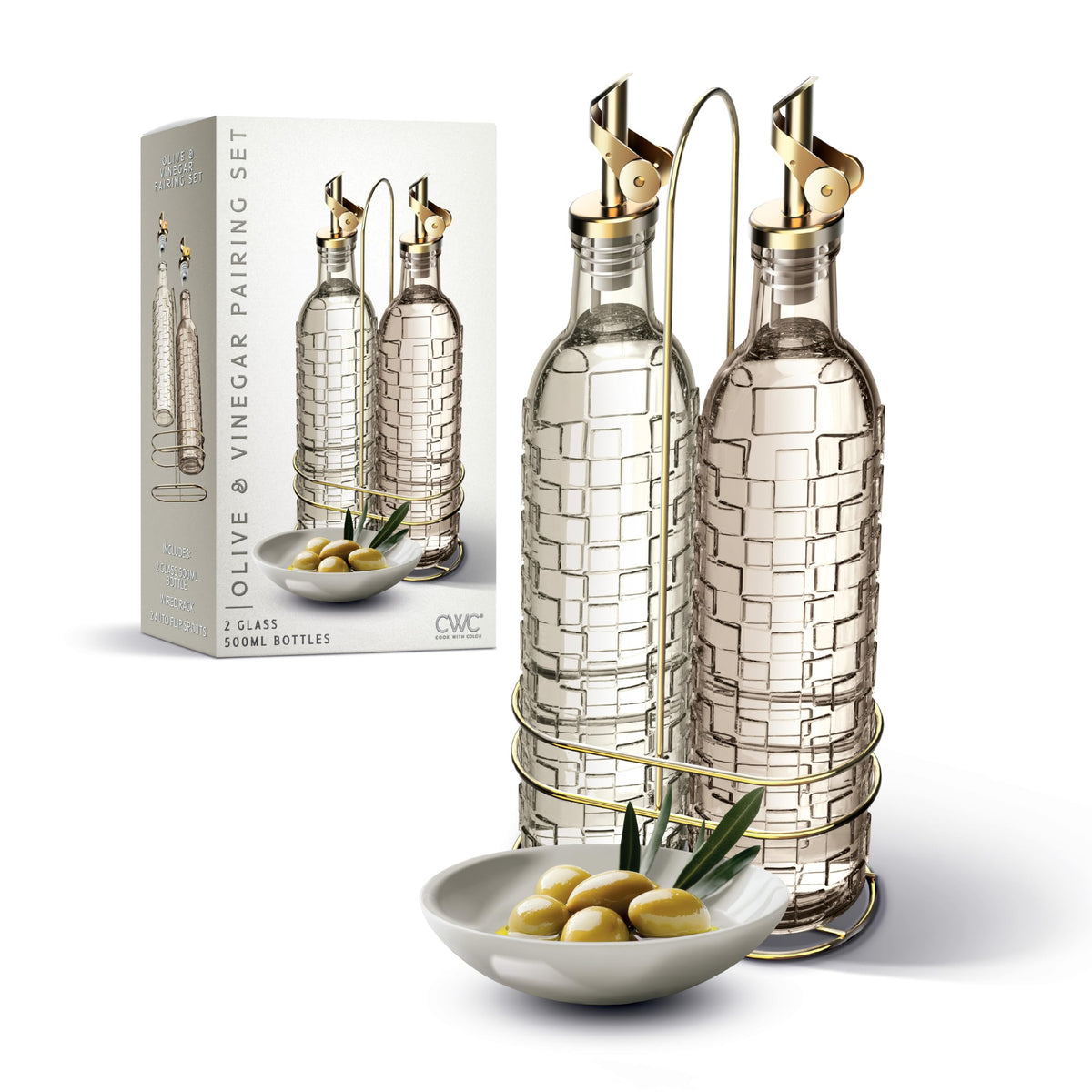 COOK WITH COLOR Glass Olive Oil Bottle Dispenser - 2 Pack- 17oz Oil and Vinegar Cruet - Olive Oil Carafe Decanter for Kitchen, Fluted, Brown