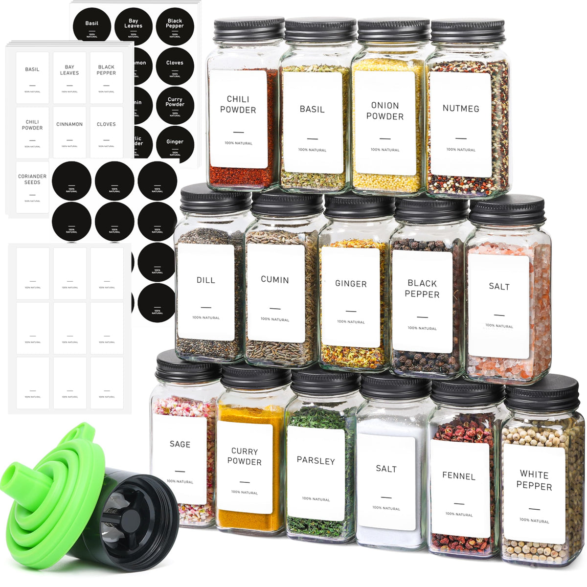 ComSaf Glass Spice Jars with Labels 4 oz 6 Pack Small Square
