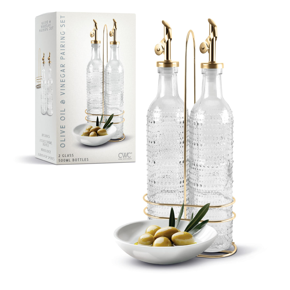 COOK WITH COLOR Glass Olive Oil Bottle Dispenser - 2 Pack- 17oz Oil and Vinegar Cruet - Olive Oil Carafe Decanter for Kitchen, Fluted, Brown
