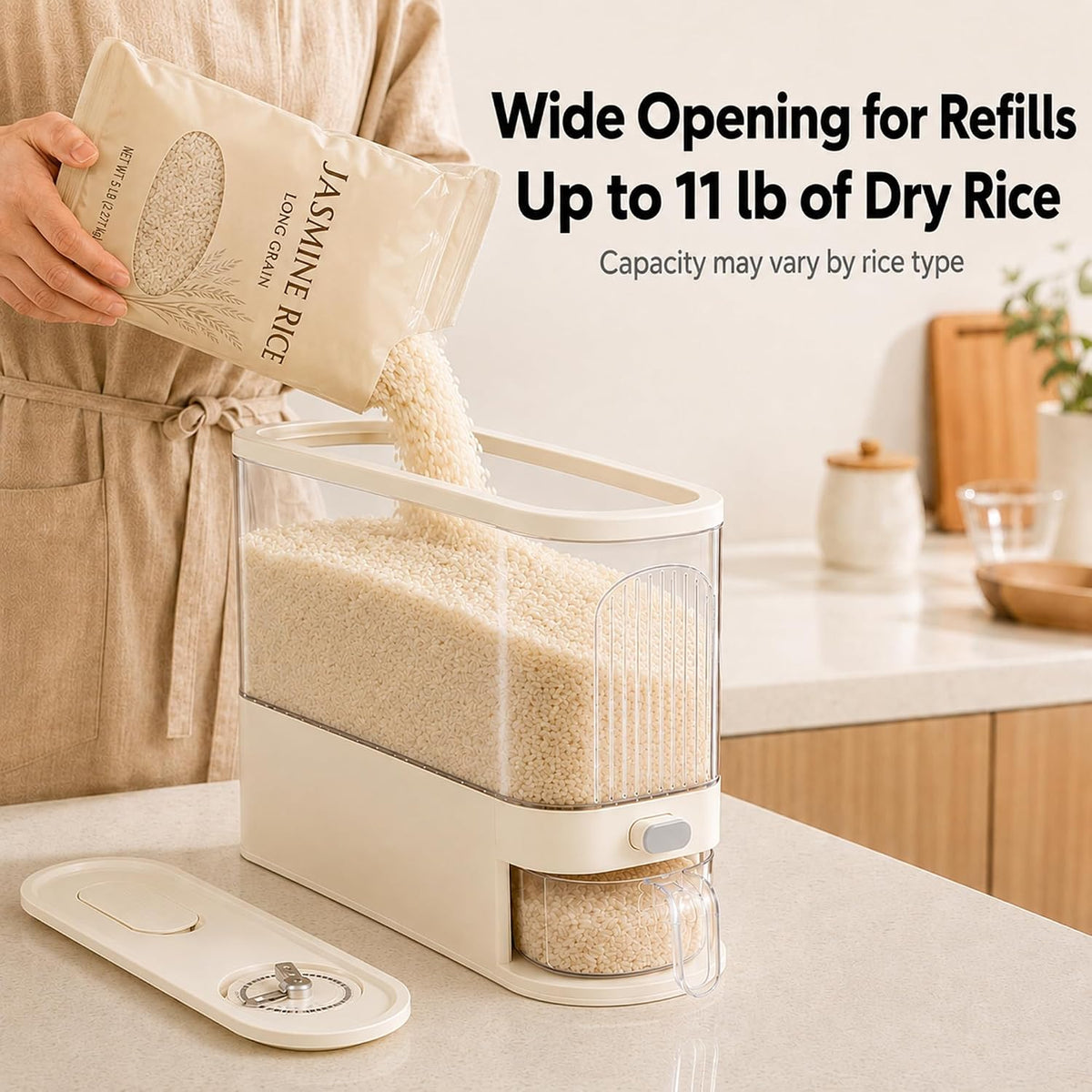Slim Rice Dispenser, Up to 11 lb Rice Container with Measuring Cup