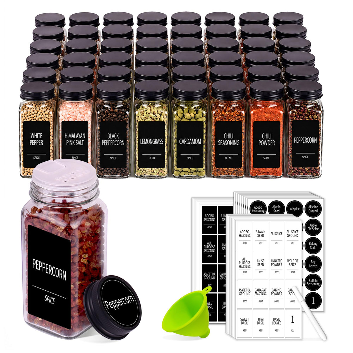 Churboro 48 Pack Glass Spice Jars with Labels, 4oz Spice Containers