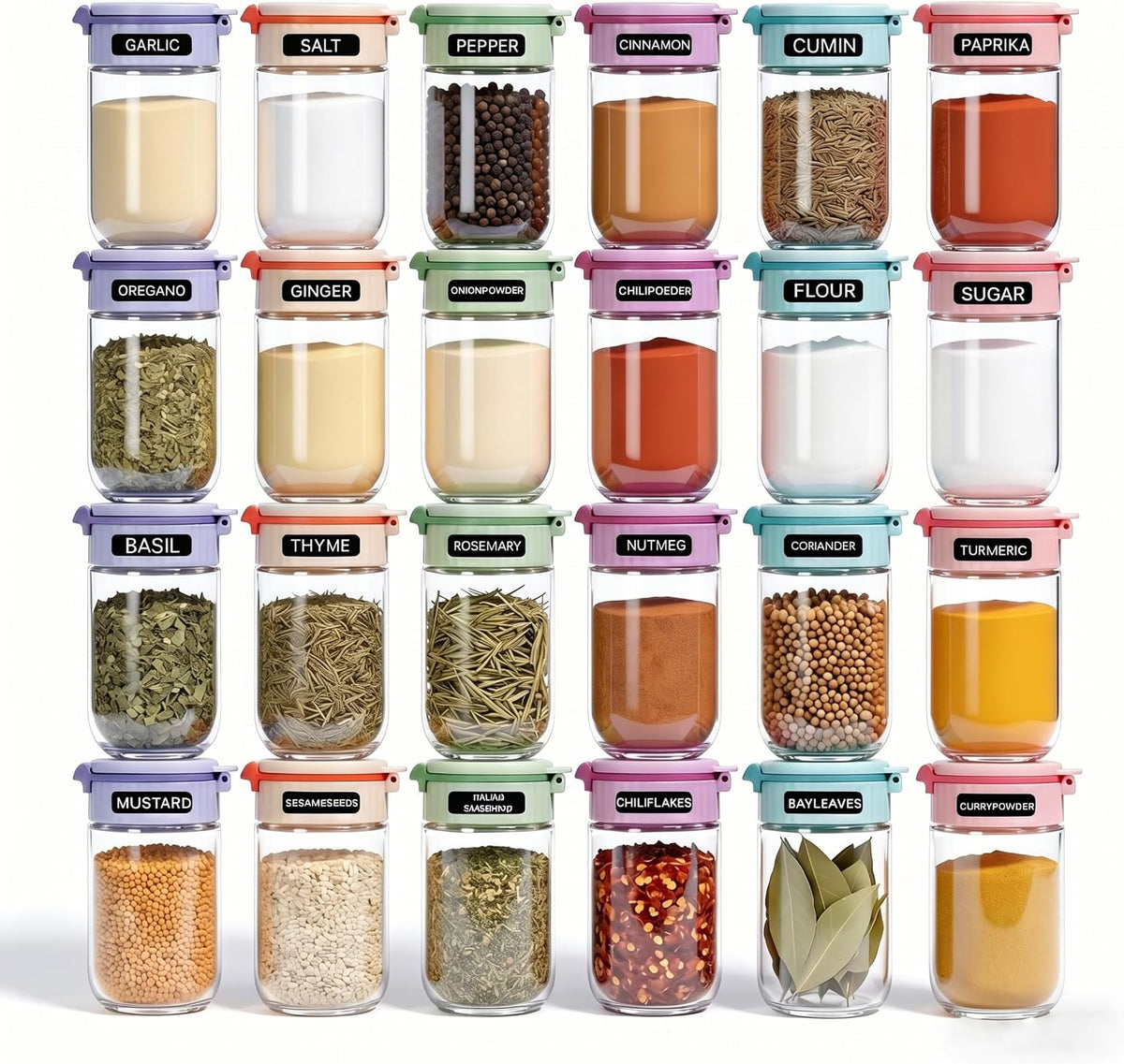 Newly Upgraded 24 Pcs Glass Spice Jars Set with Labels, 4oz Macaron Color Lids, Dual-Purpose Flip Cap, BPA-Free Empty Spice Containers for Kitchen Organization