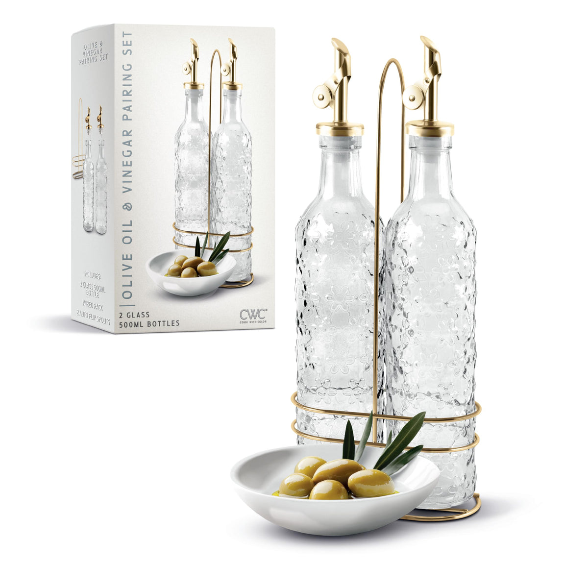COOK WITH COLOR Glass Olive Oil Bottle Dispenser - 2 Pack- 17oz Oil and Vinegar Cruet - Olive Oil Carafe Decanter for Kitchen, Fluted, Brown