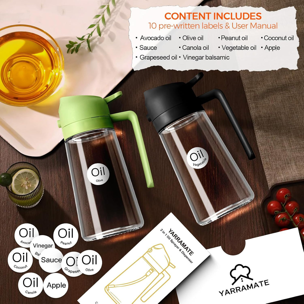 YARRAMATE 16 oz 2-in-1 Glass Olive Oil Sprayer for Cooking, Black