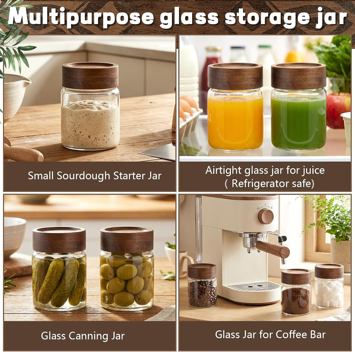 6 pc Glass Spice jars Glass Jars with Screw Lid 5 oz Acacia Wood Glass Herb Sugar Coffee Bean Ground Container Food Storage Canister for Candy Pantry Tea Seasoning Meal Prep Snack (6*150ml(5oz))
