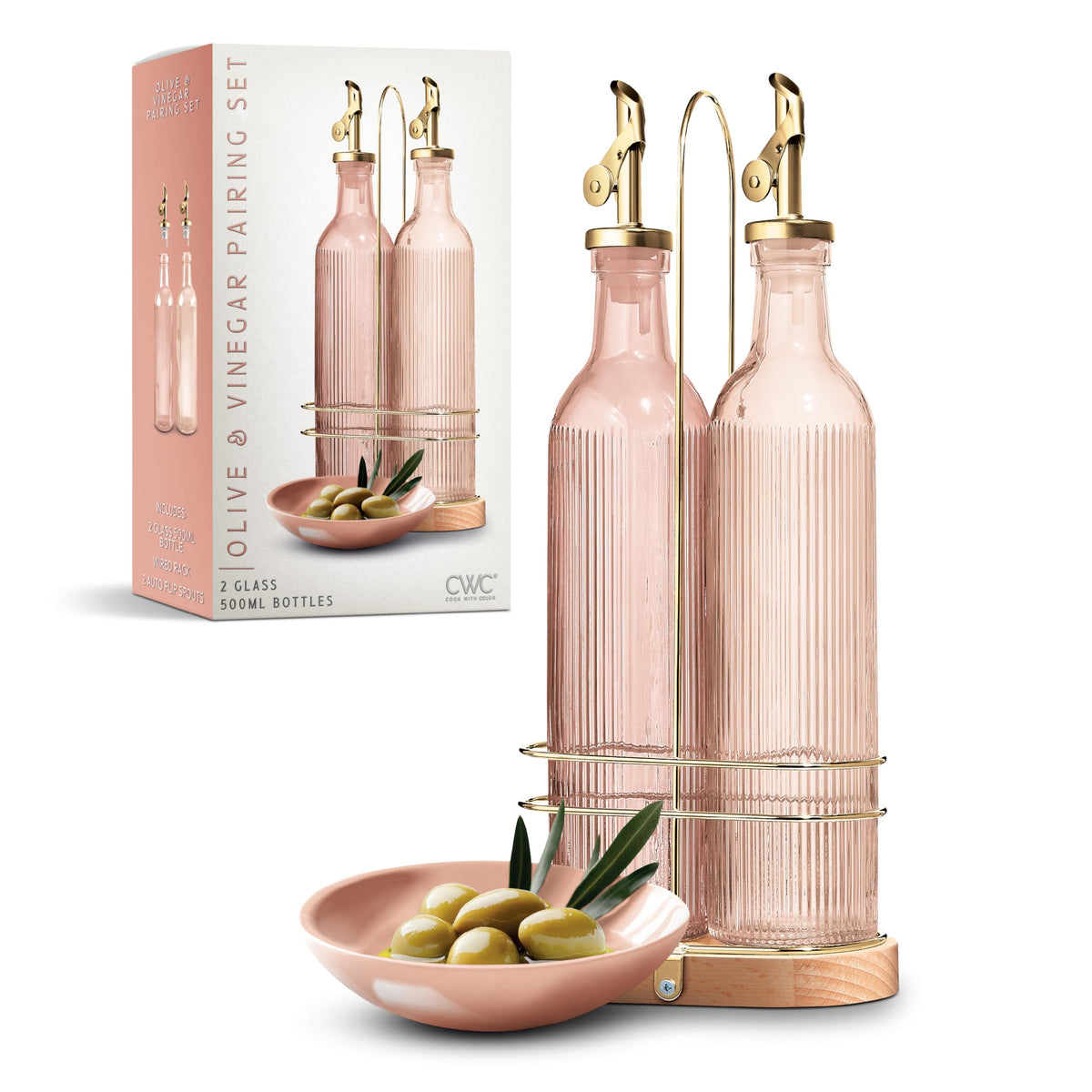 COOK WITH COLOR Glass Olive Oil Bottle Dispenser - 2 Pack- 17oz Oil and Vinegar Cruet - Olive Oil Carafe Decanter for Kitchen, Fluted, Brown