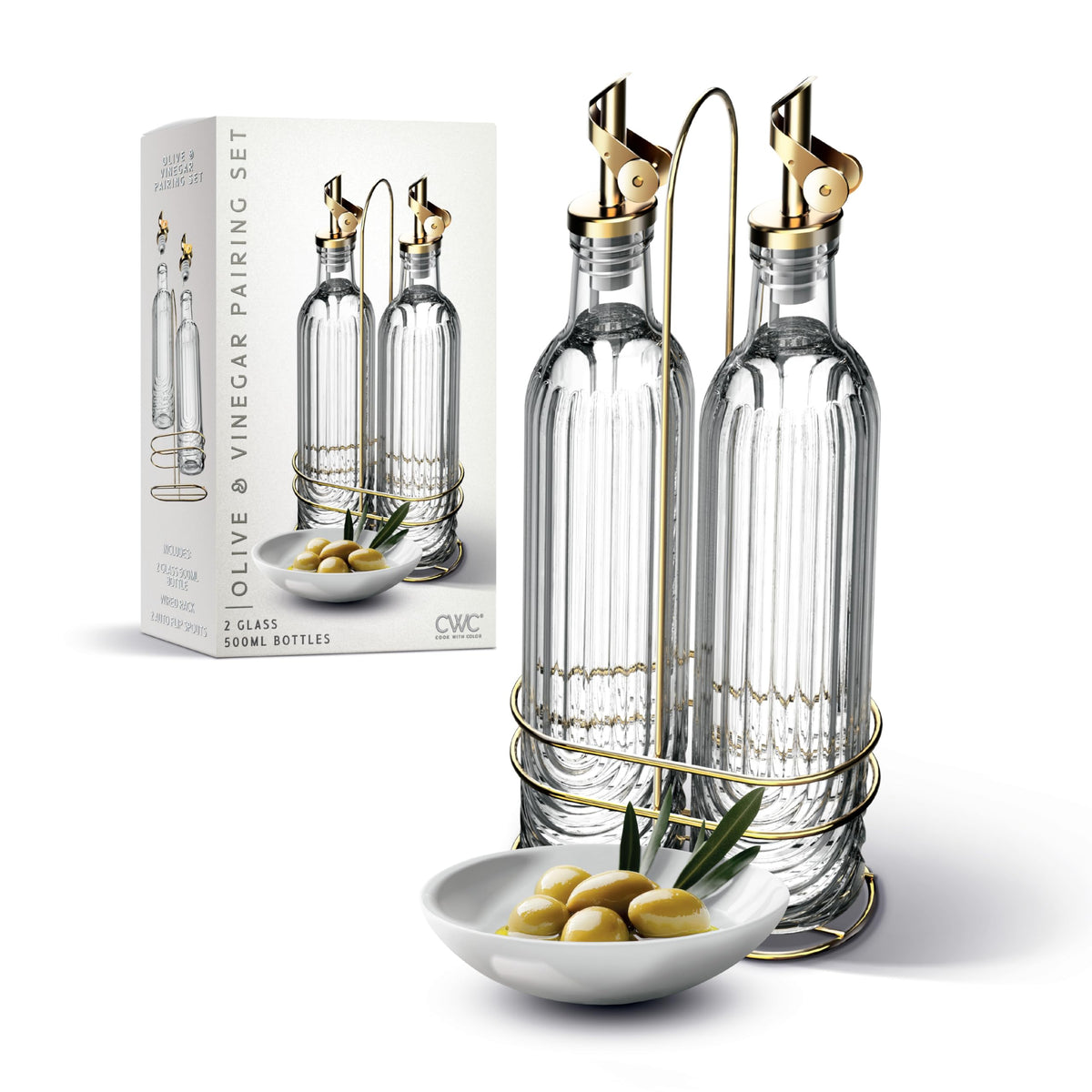 COOK WITH COLOR Glass Olive Oil Bottle Dispenser - 2 Pack- 17oz Oil and Vinegar Cruet - Olive Oil Carafe Decanter for Kitchen, Fluted, Brown