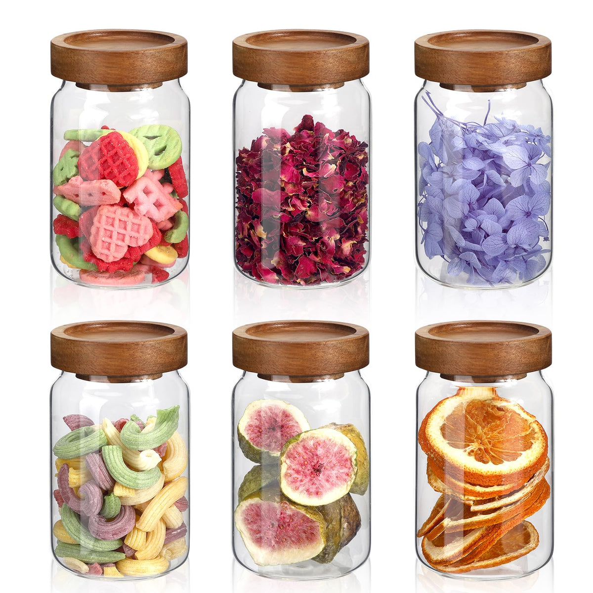 6 pc Glass Spice jars Glass Jars with Screw Lid 5 oz Acacia Wood Glass Herb Sugar Coffee Bean Ground Container Food Storage Canister for Candy Pantry Tea Seasoning Meal Prep Snack (6*150ml(5oz))