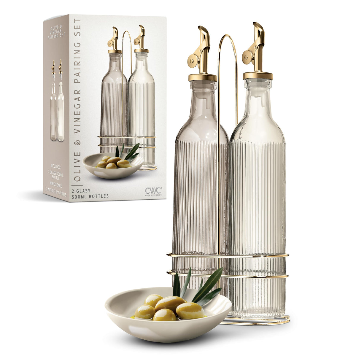 COOK WITH COLOR Glass Olive Oil Bottle Dispenser - 2 Pack- 17oz Oil and Vinegar Cruet - Olive Oil Carafe Decanter for Kitchen, Fluted, Brown