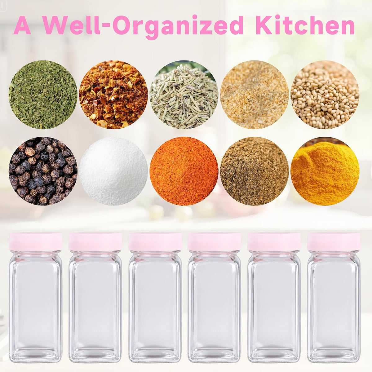 6 Pack Glass Spice Jars with Label, 4oz Pink Airtight Seasoning Containers