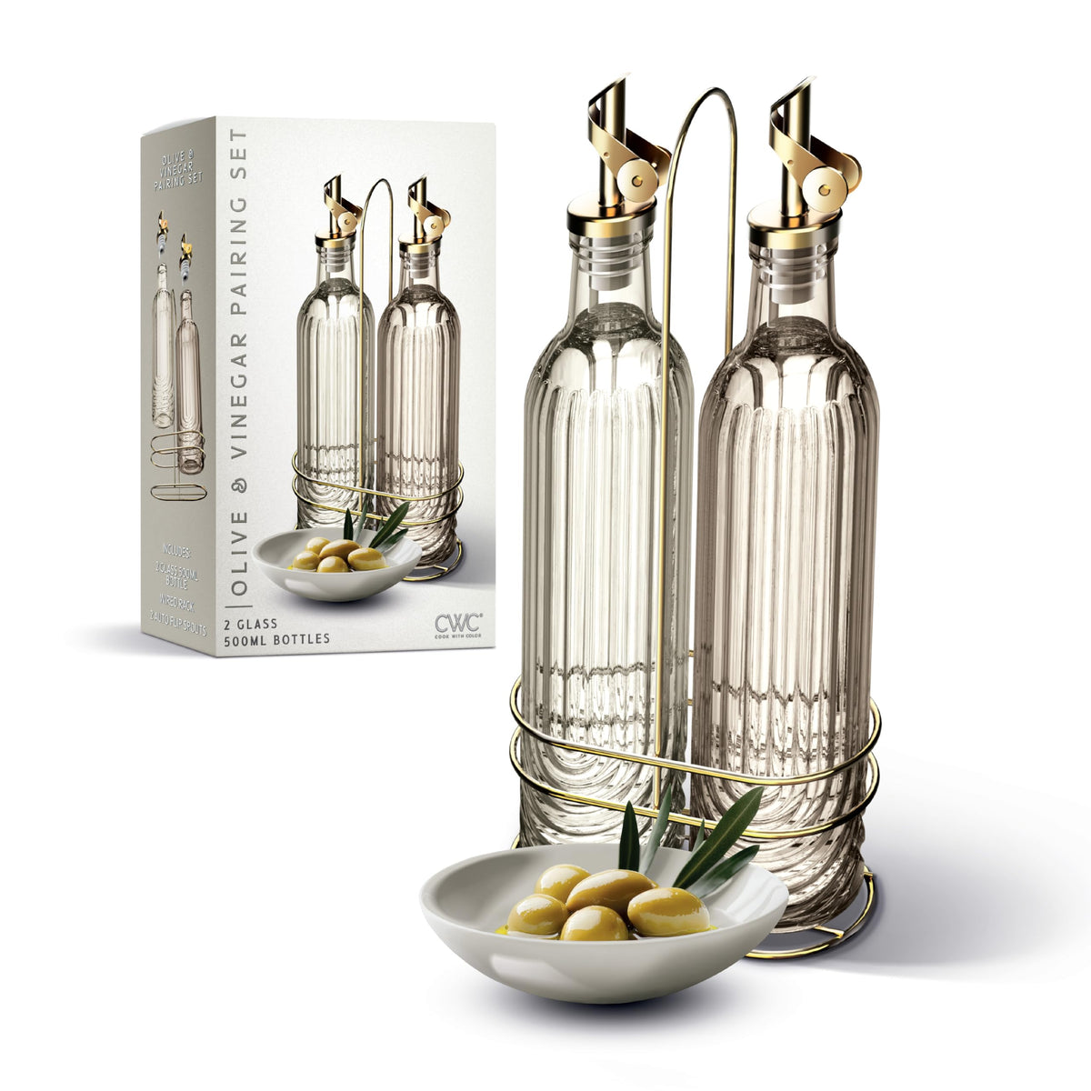 COOK WITH COLOR Glass Olive Oil Bottle Dispenser - 2 Pack- 17oz Oil and Vinegar Cruet - Olive Oil Carafe Decanter for Kitchen, Fluted, Brown